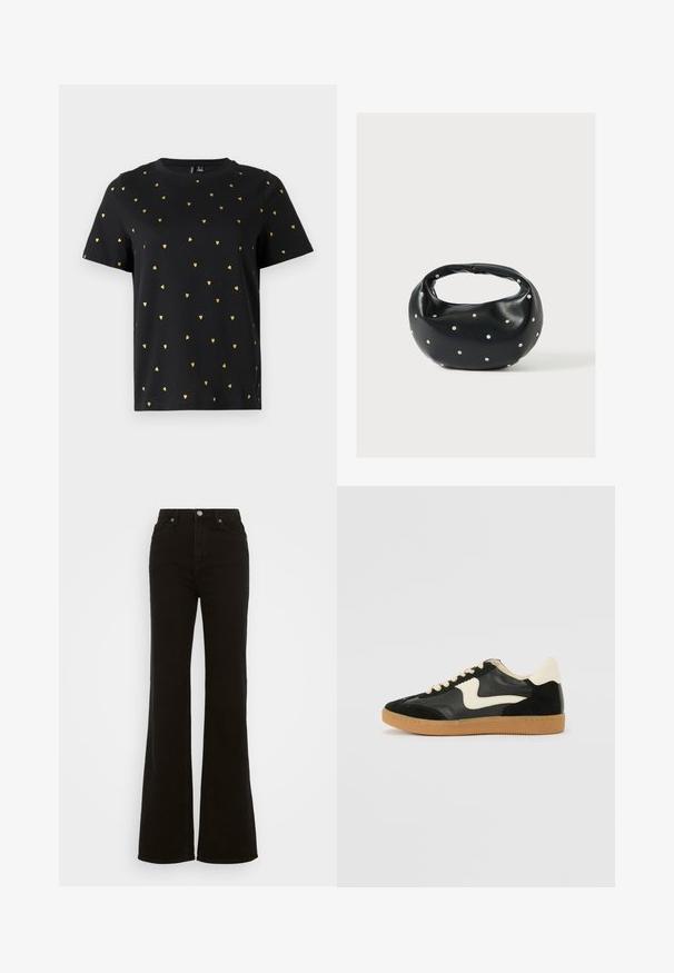 Schwarzes Kurzarm-T-Shirt aus Baumwolle mit kleinen goldenen Herzmotiven, die gleichmäßig über den Stoff verteilt sind. Runder Ausschnitt.; Hoch taillierte schwarze Schlagjeans aus Denim, mit Knopfverschluss, seitlichen Taschen und glatter Textur.; Schwarze Wildleder- und Leder-Sneaker mit einem cremefarbenen Seiten-Swoosh und einer hellcremefarbenen Ferse. Ausgestattet mit beige Schnürsenkeln und einer Gummilaufsohle.; Schwarze Lederhandtasche mit abgerundeter Form, verziert mit silbernen Nietenakzenten und kurzem Griff. Glatte Struktur und Reißverschlussverschluss.