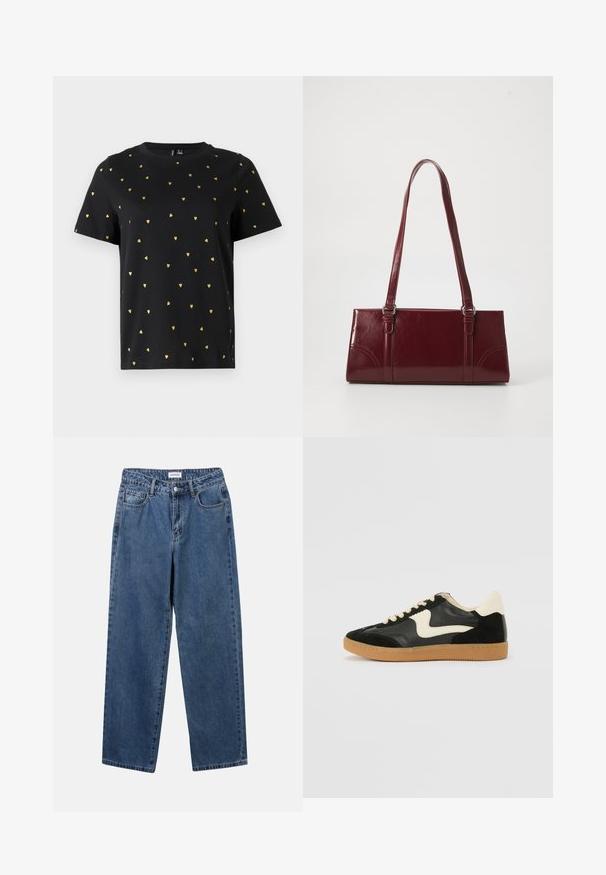 Zwart T-shirt met korte mouwen van katoen, bezaaid met kleine gouden hartjespatronen die gelijkmatig over de stof verspreid zijn. Ronde halslijn.; Klassieke blauwe denim jeans met een rechte pijp, vijf zakken en een knoopsluiting. Heeft een middelgrote wasbeurt en stevige textuur.; Zwarte suède en leren sneaker met een crèmekleurige zij-swoosh en lichte crèmekleurige hiel. Voorzien van beige veters en een gumrubberen zool.; Bourgondische handtas van glanzend materiaal, rechthoekige vorm, met twee schouderbanden en subtiele gebogen accenten aan de voorkant.
