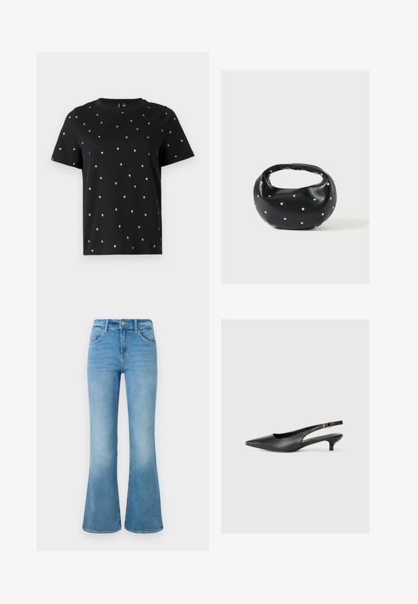 Must have lühikeste varrukatega must T-särk, mis on valmistatud puuvillast ja millel on ühtlaselt jaotatud väiksed kuldsed südame mustrid. Ümmargune kaelus.; Heledad sininen denim fliisirõivastest püksid esipocketitega, vöölöövidega ja nööbiga kinnitamine valge taustaga.; Must musta säärega king, mis on valmistatud siledast nahast. Omab peenikest kontsa ja reguleeritaval rihmal on pandla detail.; Mustast nahast ümmarguse kujuga käekott, kaunistatud hõbedaste naeladega, lühikese sangaga. Sile tekstuur ja tõmblukuga sulgemine.