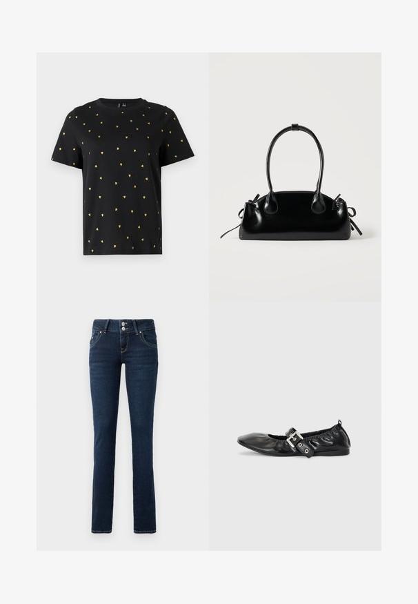 Sort T-shirt med korte ærmer lavet af bomuld, prydet med små guld hjerter, der er jævnt fordelt over stoffet. Rund halsudskæring.; Mørkeblå skinny jeans med dobbeltknaplukning, frontlommer og gule syninger på hvid baggrund.; Sorte læder flade sko med spids tå, samling detaljer omkring åbningen, og en sølv spænde accent på den justerbare rem.; Lille sort blank håndtaske med to lange håndtag og snøre-detaljer i siden på en ensfarvet lys baggrund.