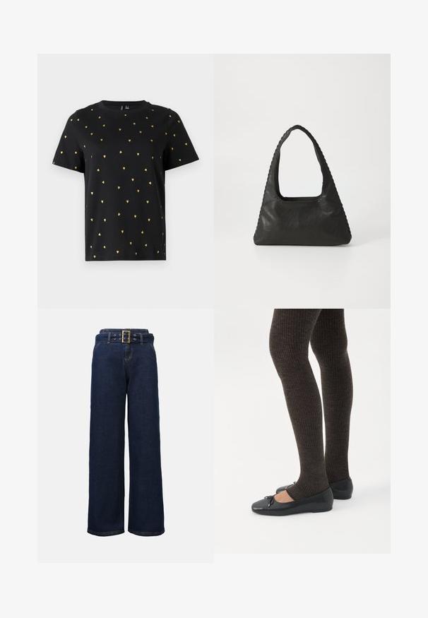 Zwart T-shirt met korte mouwen van katoen, bezaaid met kleine gouden hartjespatronen die gelijkmatig over de stof verspreid zijn. Ronde halslijn.; Donkerblauwe wijde denim broek met gestikte zakken en een bijpassende riem met een grote rechthoekige gouden gesp.; Benen met donkere geribbelde leggings gecombineerd met zwarte ballerina's met kleine strikdetails op een witte achtergrond.; Zwart leren handtas met een triangulaire vorm, een grote uitsparingshandgreep en gedetailleerde stiksels langs de randen. Glad textuur.