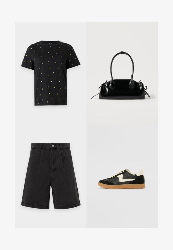 Zwart T-shirt met korte mouwen van katoen, bezaaid met kleine gouden hartjespatronen die gelijkmatig over de stof verspreid zijn. Ronde halslijn.; Zwarte denim shorts met een hoge taille, geplooide voorkant en omgeslagen zoom. Voorzien van een metalen knoop en rits sluiting. Egaal textuur.; Zwarte suède en leren sneaker met een crèmekleurige zij-swoosh en lichte crèmekleurige hiel. Voorzien van beige veters en een gumrubberen zool.; Kleine zwarte glanzende handtas met twee lange hengsels en zijkant trekkoord details op een effen lichte achtergrond.