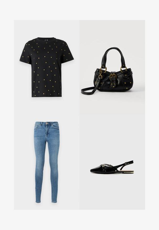 Zwart T-shirt met korte mouwen van katoen, bezaaid met kleine gouden hartjespatronen die gelijkmatig over de stof verspreid zijn. Ronde halslijn.; Blauwe high waist skinny jeans met voorzakken, riemlussen, knoopsluiting en subtiele vervaging op de dijen en knieën.; Zwarte gepatineerde slingback schoenen met een spitse neus, voorzien van twee gouden gespen en een kleine hak. Glad textuur en minimalistischer ontwerp.; Zwarte leren handtas met gouden gesp en klinknagel details, korte handvatten en een verstelbare schouderriem op een effen witte achtergrond.