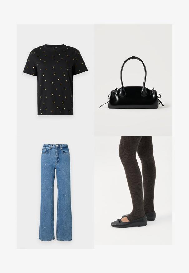 Camiseta negra de manga corta hecha de algodón, con pequeños patrones de corazones dorados distribuidos uniformemente por toda la tela. Cuello redondo.; Jeans de talle alto en azul, de pierna recta, con pequeños bordados de flores blancas esparcidos por la tela.; Piernas con leggings oscuros acanalados combinados con bailarinas negras que presentan pequeños detalles de lazo sobre un fondo blanco.; Pequeño bolso negro brillante con dos asas largas y detalles de cordón lateral sobre un fondo claro liso.