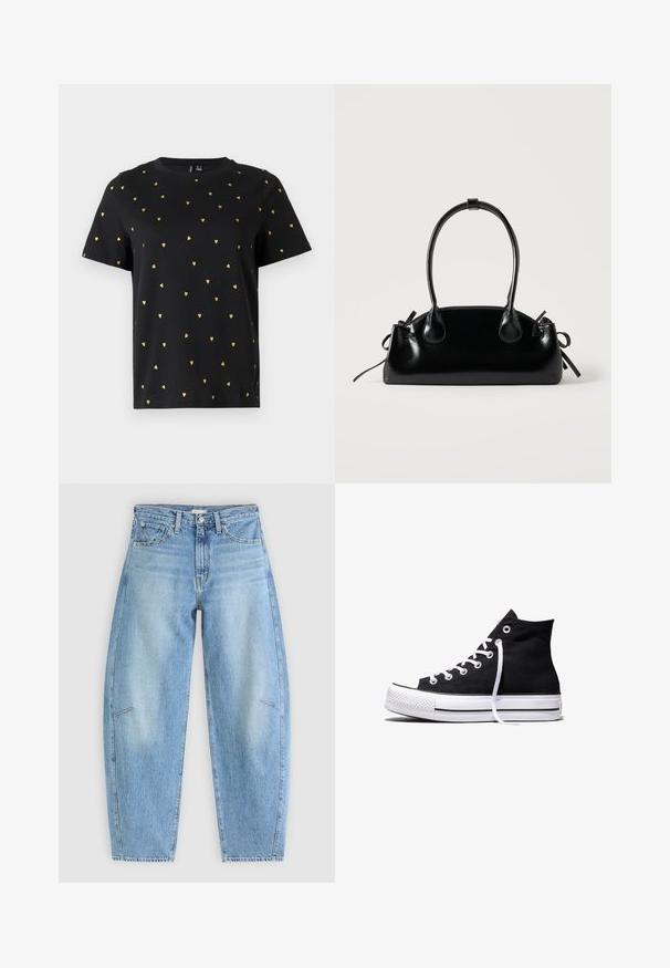 Sort T-shirt med korte ærmer lavet af bomuld, prydet med små guld hjerter, der er jævnt fordelt over stoffet. Rund halsudskæring.; Lyseblå denimjeans med en afslappet pasform, der har høj talje, lige ben og diskrete syninger på frontlommen.; Sort high-top canvas sneaker med hvid gummisål og hvide snørebånd, vist fra siden mod en hvid baggrund.; Lille sort blank håndtaske med to lange håndtag og snøre-detaljer i siden på en ensfarvet lys baggrund.