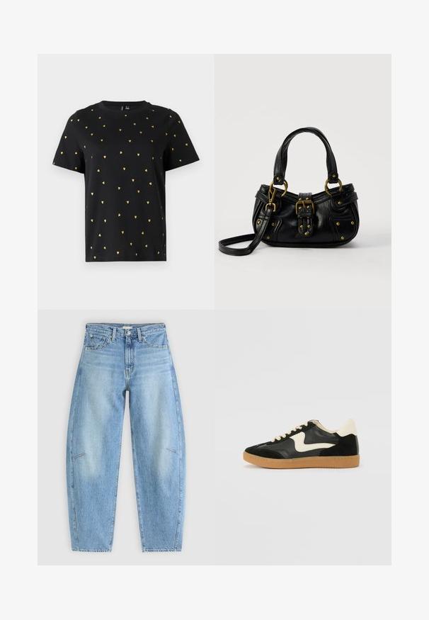 Sort T-shirt med korte ærmer lavet af bomuld, prydet med små guld hjerter, der er jævnt fordelt over stoffet. Rund halsudskæring.; Lyseblå denimjeans med en afslappet pasform, der har høj talje, lige ben og diskrete syninger på frontlommen.; Sorte ruskinds- og lædersneakers med en cremefarvet side-swoosh og lys cremefarvet hæl. Har beige snørebånd og en gummirubber-sål.; Sort læderhåndtaske med guldbælge og nitdetaljer, korte håndtag og en justerbar skulderrem på en ensfarvet hvid baggrund.