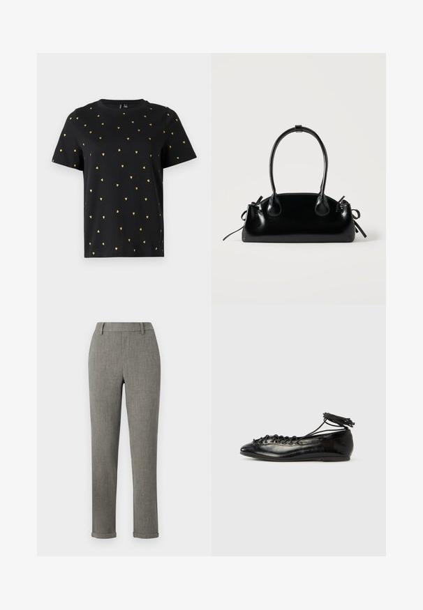 Camiseta negra de manga corta hecha de algodón, con pequeños patrones de corazones dorados distribuidos uniformemente por toda la tela. Cuello redondo.; Pantalones ajustados gris tailored con trabillas para cinturón y bajos remangados, adecuados para ropa formal o de oficina.; Zapatos planos tipo ballet de charol negro con punta redondeada, diseño con cordones y suela plana. Textura lisa con detalles mínimos.; Pequeño bolso negro brillante con dos asas largas y detalles de cordón lateral sobre un fondo claro liso.