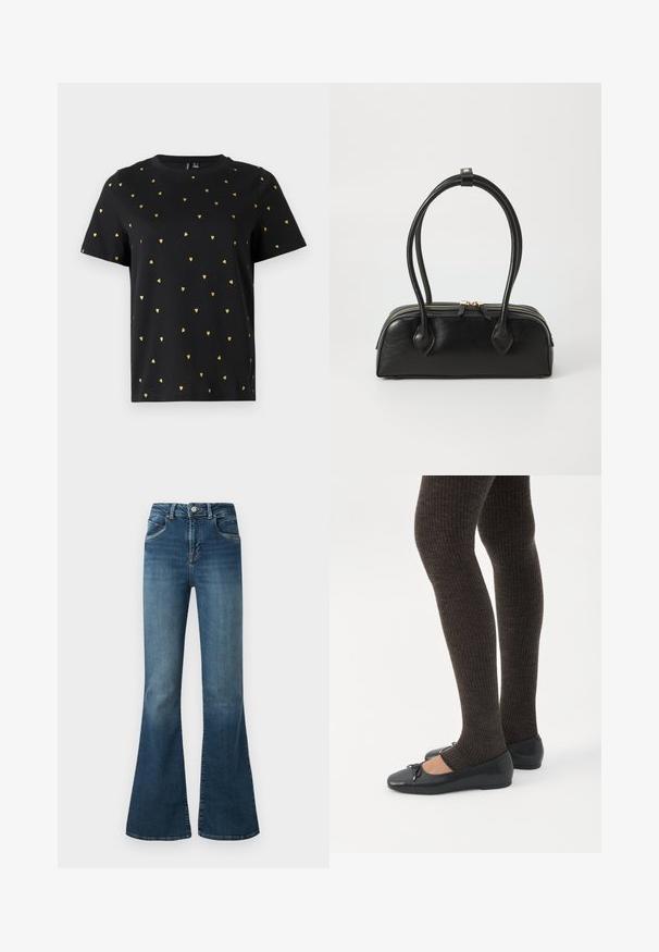 Zwart T-shirt met korte mouwen van katoen, bezaaid met kleine gouden hartjespatronen die gelijkmatig over de stof verspreid zijn. Ronde halslijn.; Flared blauwe denim jeans met een hoge taille, subtiele vervaging, vijf zakken en contrasterende stiksels. Gemaakt van rekbare katoenmix stof.; Benen met donkere geribbelde leggings gecombineerd met zwarte ballerina's met kleine strikdetails op een witte achtergrond.; Zwarte leren handtas met twee verlengde handvatten, ritsluiting en ronde vorm; gladde textuur met subtiele glanzende afwerking.