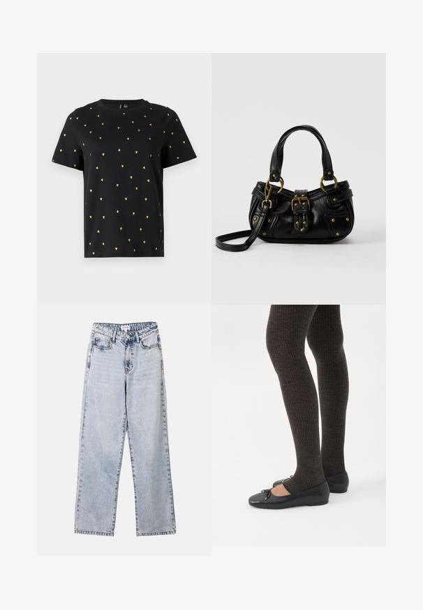 T-shirt noir à manches courtes en coton, arborant de petits motifs en forme de cœur doré répartis uniformément sur le tissu. Col rond.; Jean droit bleu clair en denim, doté de deux poches avant, d'une fermeture à bouton et de coutures contrastées le long des coutures.; Jambes portant des leggings côtelés foncés associés à des ballerines noires avec de petits détails en nœud sur fond blanc.; Sac à main en cuir noir avec boucle dorée et détails à rivets, poignées courtes et bandoulière réglable sur fond blanc uni.
