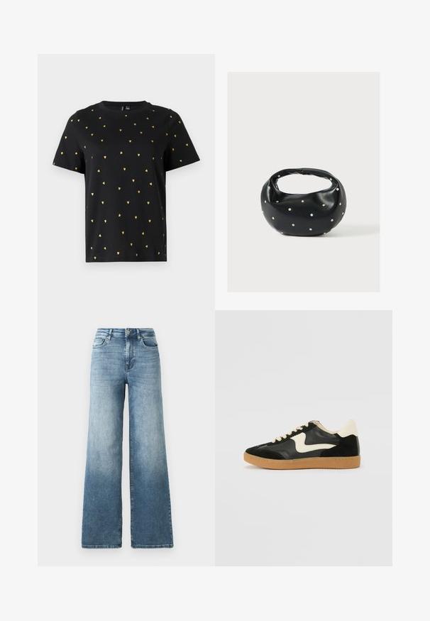 Zwart T-shirt met korte mouwen van katoen, bezaaid met kleine gouden hartjespatronen die gelijkmatig over de stof verspreid zijn. Ronde halslijn.; Snijdemim jeans met wijde pijpen in een lichtblauwe wassing, voorzien van een hoge taille, vijf-pocketontwerp en subtiele vervaging op de stof. Klassieke metalen knoopsluiting.; Zwarte suède en leren sneaker met een crèmekleurige zij-swoosh en lichte crèmekleurige hiel. Voorzien van beige veters en een gumrubberen zool.; Zwarte leren handtas met een afgeronde vorm, versierd met zilveren studs, en een korte handgreep. Gladde textuur en ritsluiting.