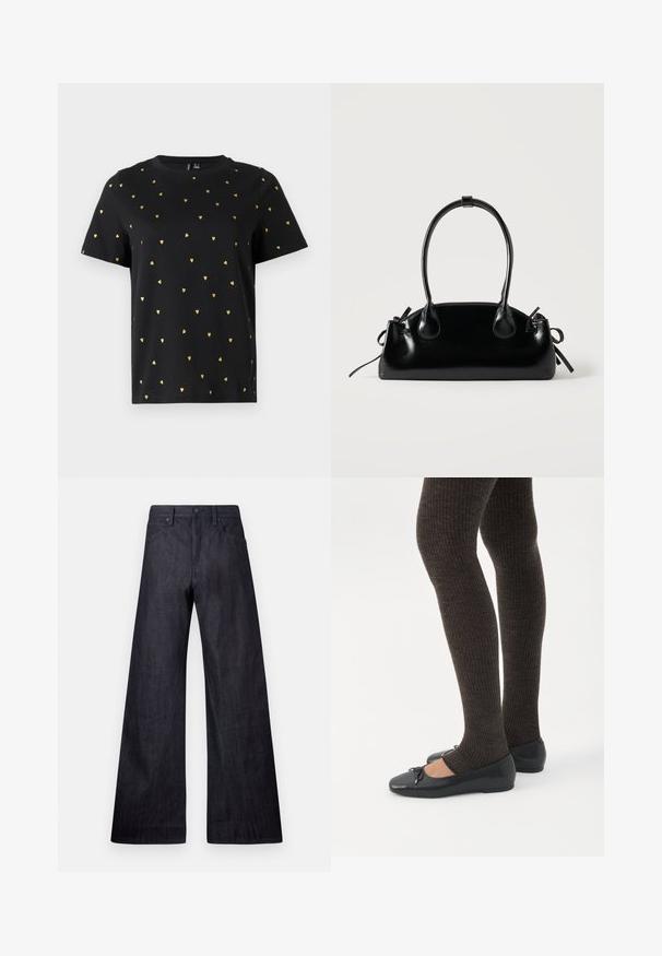 Camiseta negra de manga corta hecha de algodón, con pequeños patrones de corazones dorados distribuidos uniformemente por toda la tela. Cuello redondo.; Pantalones vaqueros de pierna ancha en denim oscuro con una textura suave, diseño tradicional de cinco bolsillos y un sutil brillo, con un cierre de botón.; Piernas con leggings oscuros acanalados combinados con bailarinas negras que presentan pequeños detalles de lazo sobre un fondo blanco.; Pequeño bolso negro brillante con dos asas largas y detalles de cordón lateral sobre un fondo claro liso.