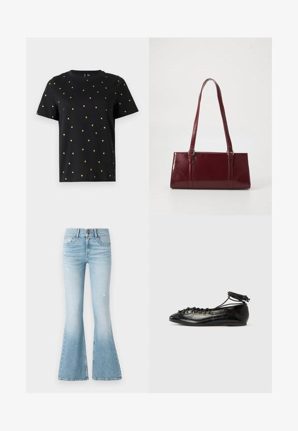 Zwart T-shirt met korte mouwen van katoen, bezaaid met kleine gouden hartjespatronen die gelijkmatig over de stof verspreid zijn. Ronde halslijn.; Lichtblauwe denim flared jeans met een hoge taille, met subtiele slijtage, een sluiting met twee knopen en een klassiek vijf-pocket ontwerp.; Zwarte ballerina's van lakleer met een afgeronde neus, veterdesign en een platte zool. Glad oppervlak met minimale details.; Bourgondische handtas van glanzend materiaal, rechthoekige vorm, met twee schouderbanden en subtiele gebogen accenten aan de voorkant.