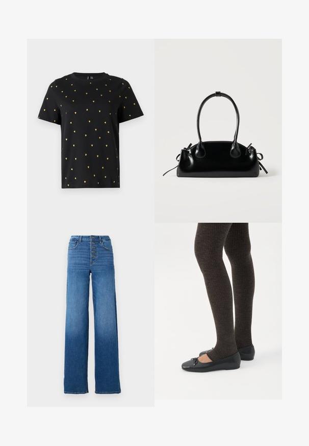 Sort T-shirt med korte ærmer lavet af bomuld, prydet med små guld hjerter, der er jævnt fordelt over stoffet. Rund halsudskæring.; Vidde denim jeans i blå med høj talje og fem knaplukninger. Har klassisk syning og en ren kant.; Ben iført mørke ribbede leggings kombineret med sorte balletsko med små sløjfedetaljer på hvid baggrund.; Lille sort blank håndtaske med to lange håndtag og snøre-detaljer i siden på en ensfarvet lys baggrund.