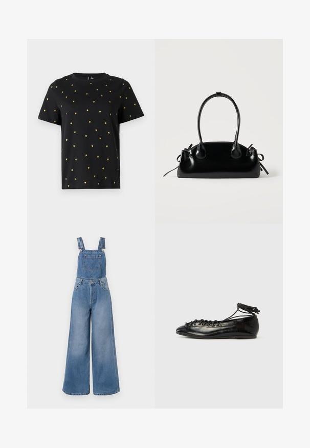 Schwarzes Kurzarm-T-Shirt aus Baumwolle mit kleinen goldenen Herzmotiven, die gleichmäßig über den Stoff verteilt sind. Runder Ausschnitt.; Denim-Latzhose in Hellblau mit weitem Bein, verstellbaren Trägern, einer vorderen Tasche und silberner Hardware. Der Stoff weist eine feine Textur auf.; Schwarze Ballerinas aus Lackleder mit runder Spitze, Schnürdesign und flacher Sohle. Glatte Textur mit minimaler Verzierung.; Kleine schwarze glänzende Handtasche mit zwei langen Griffen und seitlichen Kordelzug-Details vor einfachem hellem Hintergrund.