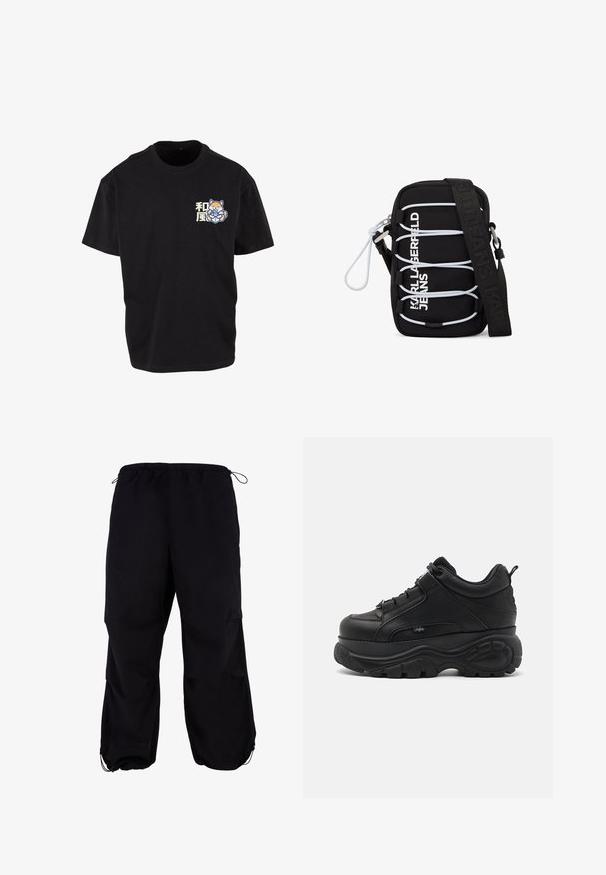 Schwarzes Baumwoll-T-Shirt mit einem zentralen Grafikdesign eines Fuchses, der ein Getränk hält, und mit hellen japanischen Schriftzeichen im Bereich der linken Brust.; Schwarze, locker sitzende Cargo-Hosen mit elastischem Bund und verstellbarem Kordelzug. Mit Reißverschlusstaschen und Bündchen an den Knöcheln.; Schwarze Leder-Chucksneaker mit dicker Gummisohle, schlankem Design und strukturierten Akzenten. Verfügt über Schnürsenkel und eine Zuglasche an der Ferse.; Schwarze Umhängetasche mit weißen elastischen Schnüren, silbernen Beschlägen und dem Aufdruck "KARL LAGERFELD JEANS" in Weiß auf der Vorderseite, mit breitem schwarzem Träger.