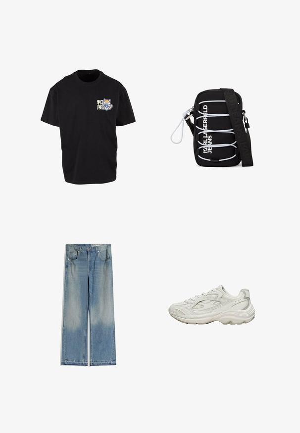 T-shirt en coton noir avec un graphique central représentant un renard tenant une boisson, accompagné de caractères japonais en couleurs claires sur la zone gauche de la poitrine.; Jean large en denim bleu clair avec un délavage, comportant deux poches avant, une fermeture par bouton et une coupe droite avec des ourlets nets.; Baskets blanches avec une tige texturée et une semelle épaisse. Elles présentent des lignes courbes, des accents gris subtils et un design à lacets.; Sac bandoulière noir avec cordons élastiques blancs, ferrures argentées, et texte "KARL LAGERFELD JEANS" en blanc sur le devant, avec une large sangle noire.