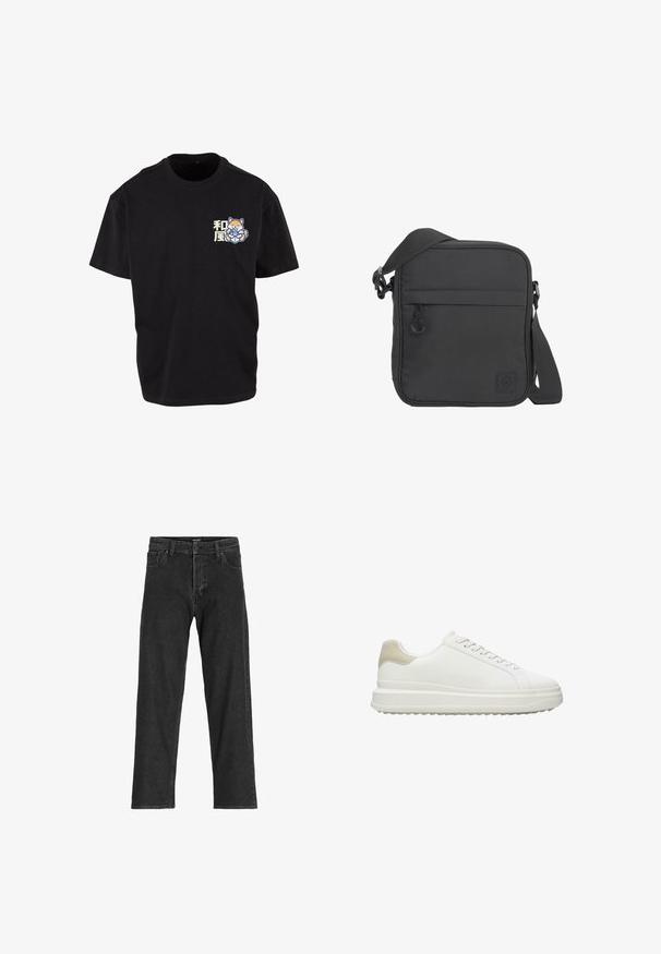 Sort bomulds t-shirt med et centralt grafisk motiv af en ræv, der holder en drink, med japanske tegn i lys farve på venstre brystområde.; Sorte denim jeans med lige ben-design, som har lynlås, bæltestropper og seks lommer, lavet af et robust bomuldsblandingsstof.; Hvide sneakers lavet af glat læder med en tekstureret beige hælaccent, med runde snørebånd, et lavt profil design og en gummiydersål.; Sort firkantet crossbody taske med justerbar skulderrem, frontlomme med lynlås og lille syet logopatch i nederste højre hjørne.