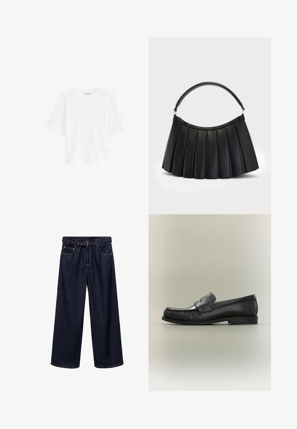 Camiseta blanca de manga corta con cuello redondo, mostrada extendida, con un ajuste relajado y una pequeña etiqueta visible en el cuello.; Vaqueros de pierna ancha de color azul oscuro, hechos de denim. Cuentan con una cinturilla con cinturón que incluye múltiples botones, bolsillos frontales y un acabado limpio en los dobladillos.; Mocasín penny de cuero negro con detalle fruncido en la puntera y tacón bajo apilado, visto de lado sobre un fondo neutro.; Bolso negro plisado hecho de cuero sintético, con un asa curva y cierre superior con cremallera. Textura suave con un diseño estructurado.