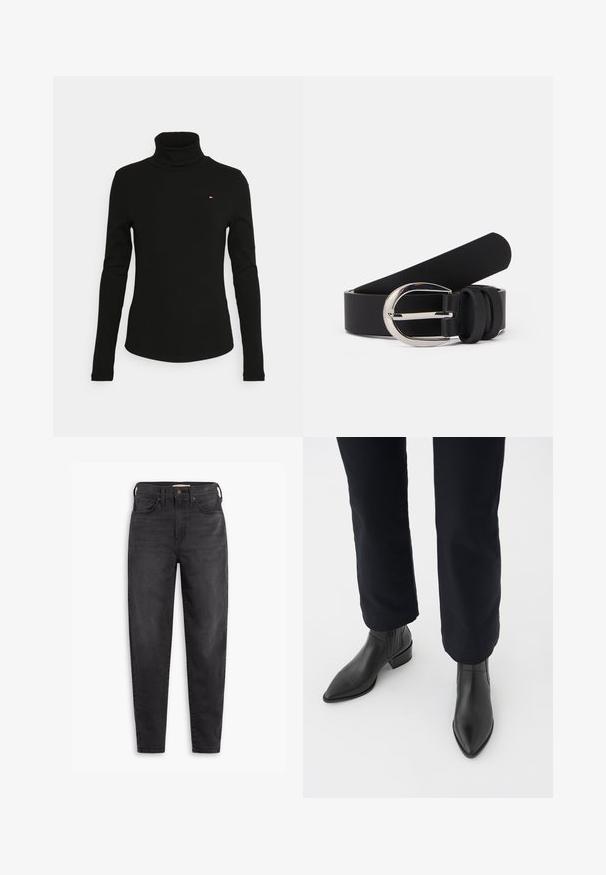 Čierny rolák vyrobený z rebrovanej tkaniny. Má dlhé rukávy a malé logo s červenými a bielymi akcentmi na hrudníku.; Čierne slim fit jeans s vysokým pásom, s prednými a zadnými vreckami, zapínaním na gombík a pútkami na opasok, zobrazené na bielom pozadí.; Čierne kožené členkové čižmy s špicatou špičkou, blokovým podpätkom a textúrovanými bočnými panelmi, nosené s tmavými nohavicami na bielom pozadí.; Čierny kožený opasok s hladkým povrchom, vybavený sponou zo strieborného kovu a jednoduchými okrúhlymi akcentmi. Dizajn je elegantný a minimalistický.