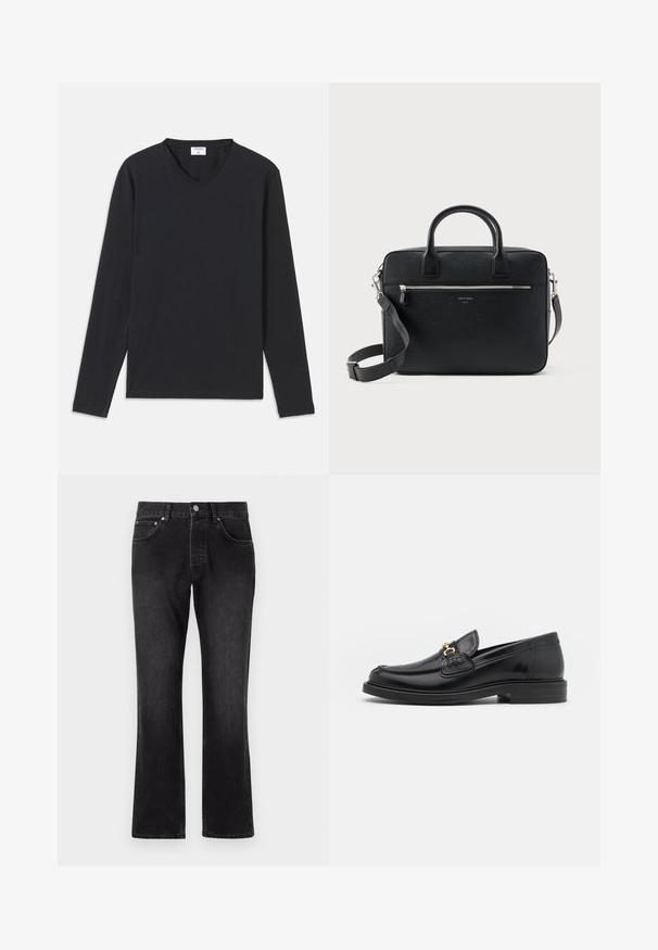 T-shirt noir à manches longues avec un décolleté en V, fabriqué à partir d'un tissu doux, présentant une coupe droite et sans motifs ni accents visibles.; Jean en denim noir avec une coupe droite, présentant une taille mi-haute, des poches avant et une fermeture à boutons classique.; Mocassins en cuir noir avec un embout rond, présentant des accents en métal doré et des détails de couture, montés sur une semelle en caoutchouc texturé et basse.; Serviette rectangulaire en cuir noir texturé avec double poignée, poche avant zippée et bandoulière réglable présentée sur fond blanc.