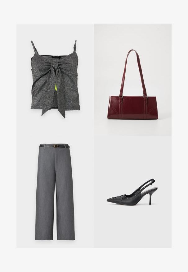 Haut court sans manches en argent-gris brillant avec des fines bretelles et un large nœud à l'avant noué au centre.; Pantalon gris à jambes larges et taille haute, associé à une fine ceinture noire avec une petite boucle dorée.; Escarpin en cuir noir à talon aiguille avec un bout pointu, une bride latérale à boucle, des clous le long du bord et un laçage décoratif à l'avant.; Sac à main bordeaux en matériau brillant, de forme rectangulaire, avec deux anses et des accents légèrement courbés à l'avant.