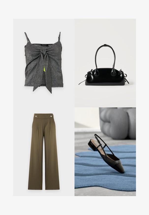 Skinnende sølvgrå without ærmer crop top med tynde stropper og stor frontknude bundet i midten.; Højttaljede, vide bukser i olivengrøn med to forreste folder og knappedetaljer på linningen.; Sort laklædersko med slingback og lav blokhæl, hvilende på et tekstureret blåt bølgemønster tæppe og gråt polstret møbel.; Lille sort blank håndtaske med to lange håndtag og snøre-detaljer i siden på en ensfarvet lys baggrund.
