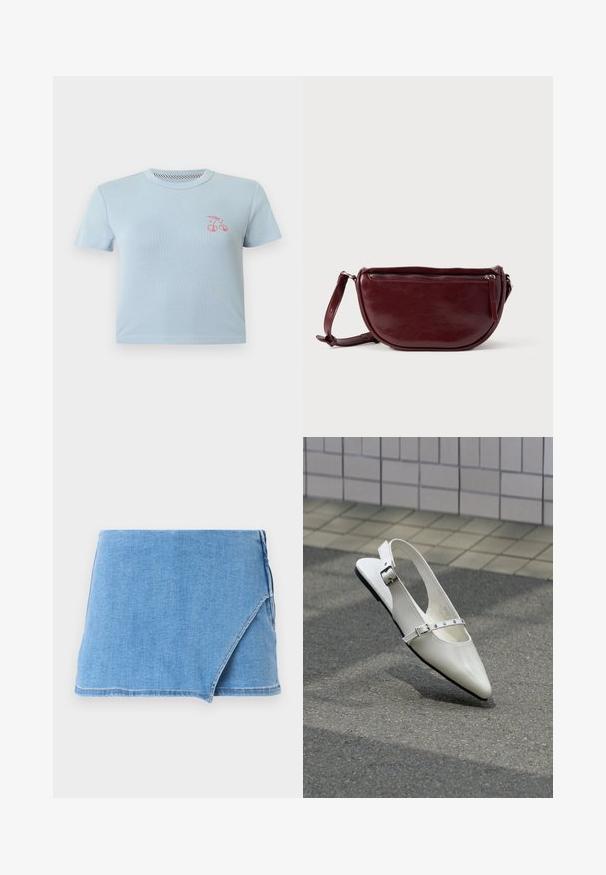 Lyseblå bomuld T-shirt med rund hals og korte ærmer. Har en lille lyserød cykelgrafik på brystet. Glat tekstur.; Lysblå denim mini-nederdel med ombukdesign, frynset kant og en glat tekstur. Ingen yderligere udsmykninger eller mønstre.; Hvid spids slingback flad sko med to sølvspænder, vist udendørs på tekstureret underlag og flisebelagt væg baggrund.; Vinrød læderhåndtaske med halvmåneform, lynlås og aftagelig rem. Glat tekstur med en subtil glans.