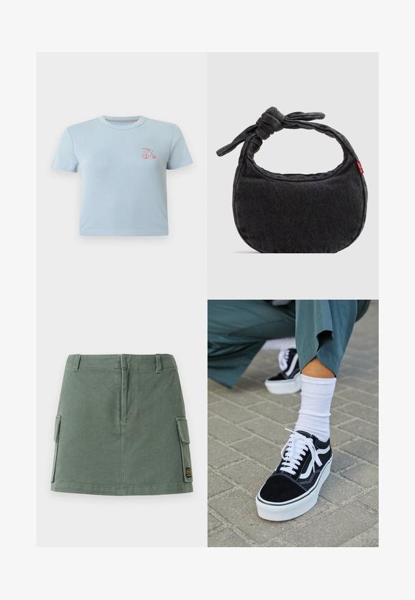 T-shirt en coton bleu clair avec un col rond et des manches courtes. Présente un petit motif de vélo rose sur la poitrine. Texture lisse.; Jupe en denim vert avec une taille ajustée, deux poches latérales et une patch sur le bas à droite. Texture lisse avec un léger brillant.; Baskets en suède noir avec des accents et des lacets blancs, présentant une épaisse semelle blanche et des coutures contrastantes, associées à une chaussette blanche.; Petit sac d'épaule en denim noir avec une sangle nouée et une fermeture éclair, arborant une étiquette en tissu rouge Levi's sur le côté.