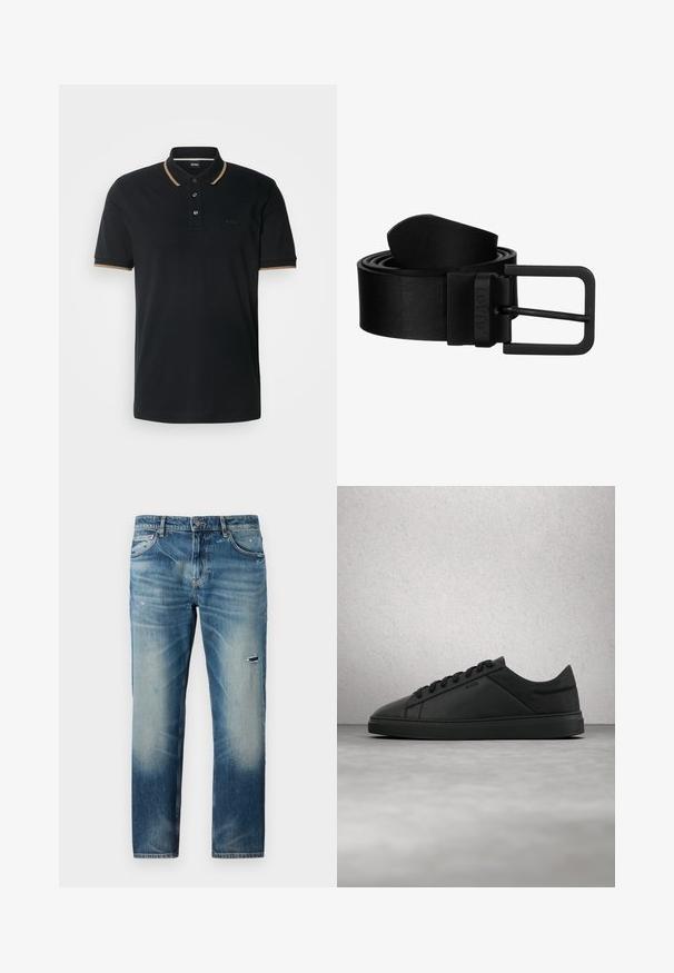 Schwarzes Poloshirt aus strukturiertem Stoff, mit einem Kragen in Beige, drei Knöpfen und einem dezenten Logo auf der Brust.; Blaue Jeans aus Denim mit geradem Bein, die eine ausgewaschene Optik, leichte Abnutzungsspuren und subtile Waschungseffekte aufweisen. Klassisches Fünf-Taschen-Design.; Schwarzer flacher Ledersneaker mit Schnürsenkeln und "BOSS"-Logo, schwebend über einem glatten Betonboden in der Nähe von Glasbausteinen.; Schwarzer Leder-Gürtel mit glatter Oberfläche, ausgestattet mit einer einfachen schwarzen Metall-Schließe und einem Markenlogo. Der Gürtel ist aufgerollt.
