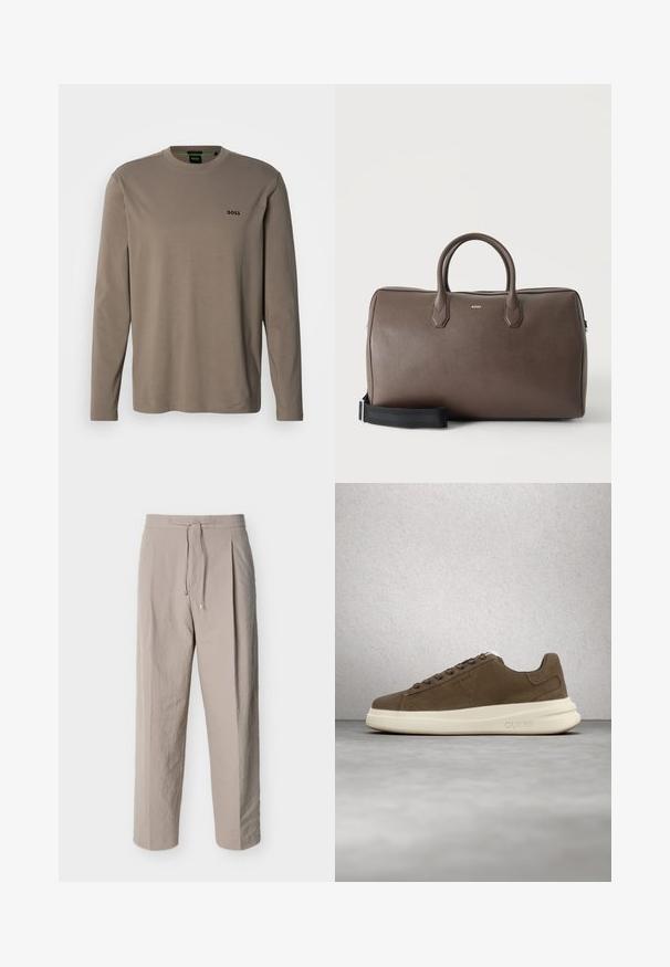 Langærmet skjorte i lys taupe bomuld med rund hals; har en lille sort "BOSS"-logo på brystet. Glat, blød tekstur.; Beige teksturerede bukser med snøre, lige ben og elastik i taljen, vist på hvid baggrund.; Brune ruskinds sneakers med en cremet gummisål, flade snørebånd og et logo på siden. Letvægtsdesign og glat tekstur.; Brun læder duffel taske med to håndtag, en sort justerbar skulderrem og et lille "BOSS" logo på fronten i midten.