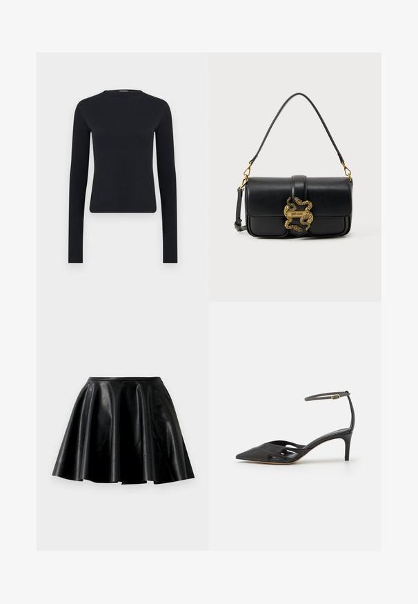 Sort langærmet tætsiddende crop-top med rund halsudskæring, lavet af ribstrikket stof, vist på ensartet lysegrå baggrund.; Sort læder nederdel i flare-stil med en glat tekstur, bred kant og en tætsiddende talje. Overfladen har en subtil glans og ingen synlige dekorationer.; Sort læder højhælet sko med spids tå, åbne sider og en tynd ankelrem med en lille guld detalje.; Sort skuldertaske i læder med guldfarvet dobbelt slange-lås og "Just Cavalli" logo på frontklappen.