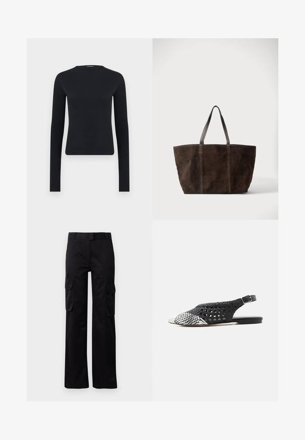 Sort langærmet tætsiddende crop-top med rund halsudskæring, lavet af ribstrikket stof, vist på ensartet lysegrå baggrund.; Sorte cargo bukser lavet af slidstærkt stof, med to sidelommer og et lige ben-design. Glat tekstur med en klassisk pasform.; Sort-hvid flettet læder flad slingback-sko med spids tå og justerbar ankelrem med spænde.; Mørkebrun ruskindstaske med to sorte læderhåndtag og lodrette syninger, vist mod en enkel lys baggrund.