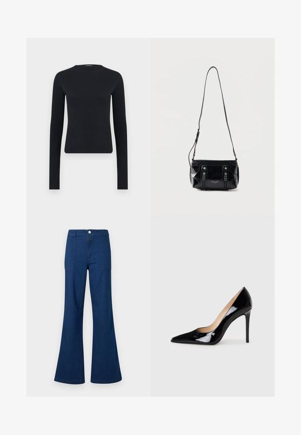 Haut court noir à manches longues et coupe ajustée avec encolure ronde, fabriqué en tissu tricoté côtelé, présenté sur un fond gris clair uni.; Jean en denim bleu foncé à taille haute, coupe évasée, avec poches plaquées à l'avant et fermeture par boutons, présenté sur un fond blanc.; Escarpin noir en cuir verni avec un design à bout pointu et une silhouette élégante. Présente une finition lisse et brillante ainsi qu'un talon aiguille fin.; Sac à bandoulière en cuir noir avec sangle réglable, deux fermetures éclair verticales sur le devant et un petit emblème métallique en forme d'aile sous les fermetures éclair.