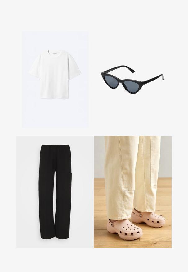 Weißes T-Shirt mit kurzen Ärmeln und Rundhalsausschnitt mit geradem Saum, innen mit gebrandetem "WEEKDAY"-Label am Kragen.; Weekday ADISA SUITING TROUSER - Cargohose - black; Helle rosa Clogs aus Gummi, mit Belüftungslöchern, einer konturierten Form und einer strukturierten Sohle für Halt. Getragen mit hellbeigen Hosen.; Schwarze Cat-Eye-Sonnenbrille mit dunkelgrauen Gläsern, schlankem Kunststoffrahmen, spitzen Ecken und geraden Bügeln. Keine sichtbaren Befestigungen oder Akzente.
