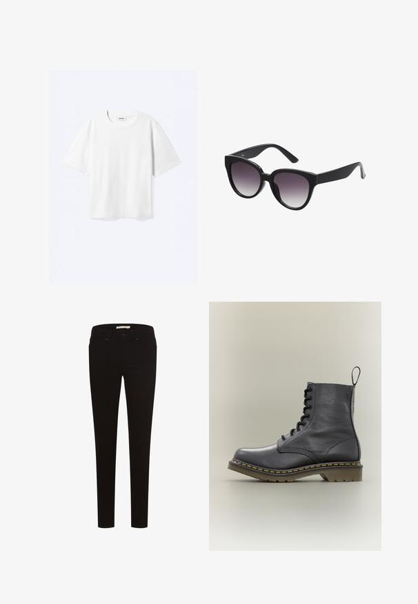 Weißes T-Shirt mit kurzen Ärmeln und Rundhalsausschnitt mit geradem Saum, innen mit gebrandetem "WEEKDAY"-Label am Kragen.; Schwarze Skinny-Jeans aus Stretchstoff, mit einem klassischen Fünf-Taschen-Design, Knopfverschluss und Gürtelschlaufen. Durchgehend glatte Textur.; Schwarzer Leder-Kampfboot mit 8 Ösen, Gummisohle, gelben Nähten und einer Zuglasche hinten. Verfügt über einen strukturierten Schaft.; Schwarze Cat-Eye-Sonnenbrille mit grauen Verlaufslinsen. Dicke, glänzende Kunststoffrahmen und sich verjüngende Bügel. Keine sichtbaren Marken oder Verzierungen.
