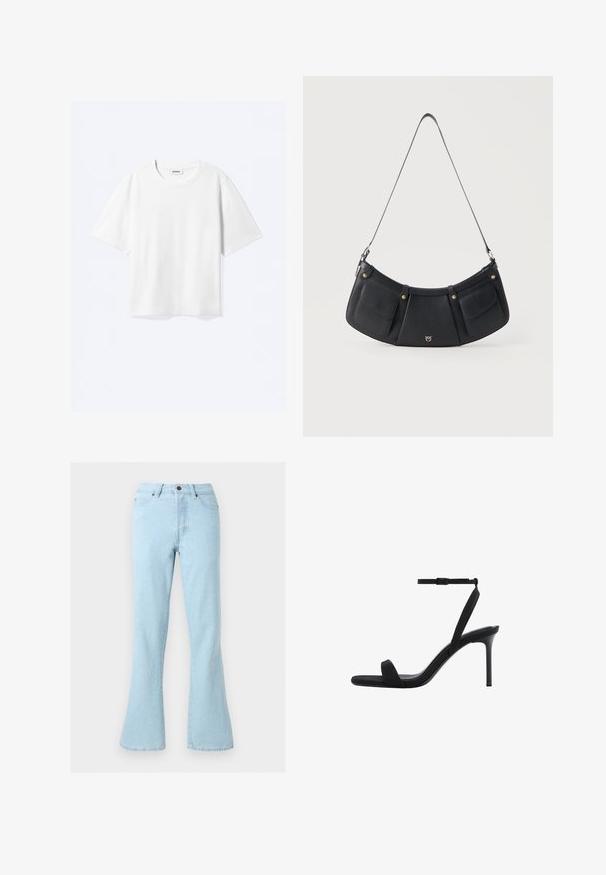T-shirt blanc à manches courtes avec col rond et ourlet droit, étiquette de marque "WEEKDAY" à l’intérieur de l’encolure.; Jean en denim bleu clair avec une taille haute et des jambes évasées, comprenant des poches avant, des passants de ceinture et une fermeture par bouton.; Sandale noire à talon haut avec fine bride à la cheville et bout ouvert, dotée d'un talon aiguille mince et d'un design minimaliste.; Sac à épaule en cuir noir avec deux poches avant à rabat, détails en boutons dorés, et une fine sangle ajustable.