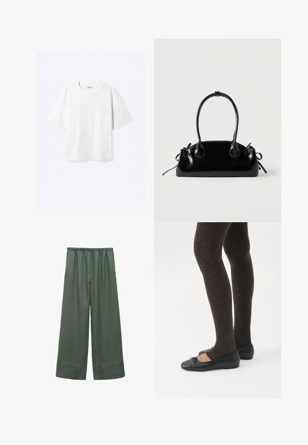 T-shirt blanc à manches courtes avec col rond et ourlet droit, étiquette de marque "WEEKDAY" à l’intérieur de l’encolure.; Pantalons larges en lin vert avec une taille à cordon, présentant une texture lisse et un ourlet cropped.; Jambes portant des leggings côtelés foncés associés à des ballerines noires avec de petits détails en nœud sur fond blanc.; Petit sac à main noir brillant avec deux longues anses et des détails à cordon sur les côtés sur un fond clair uni.
