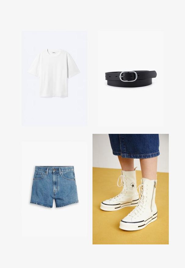 White short-sleeve crewneck T-shirt with a straight hem, branded "WEEKDAY" label inside the neckline.; Denim shorts in light blue, featuring five pockets, a zip fly, and a button closure. The hem is frayed with a relaxed fit design.; White high-top sneakers featuring a zip closure, lace design, and black stripe accents on a thick sole. Textured canvas material.; Black leather belt with a smooth texture, oval silver metal buckle, and multiple adjustment holes along the strap. Flat, minimal design.