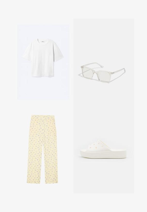 Camiseta blanca de manga corta con cuello redondo y dobladillo recto, con etiqueta de la marca "WEEKDAY" dentro del escote.; Pantalones de pierna ancha amarillos claros con un patrón floral en azul. Cintura elástica, textura suave y corte recto diseñado para la comodidad.; Chanclas blancas de tipo deslizable, fabricadas en un material similar al caucho, que presentan agujeros de ventilación y una suela gruesa y texturizada para mayor agarre.; Gafas cuadradas de plástico transparente con lentes translúcidos, que cuentan con acentos dorados en las patillas para un detalle adicional.