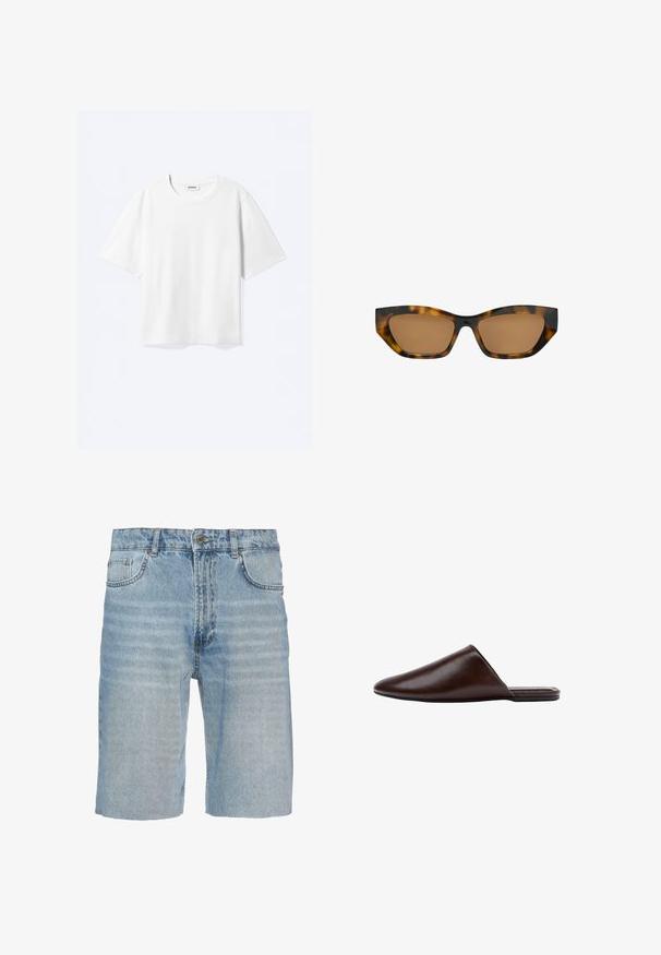 Weißes T-Shirt mit kurzen Ärmeln und Rundhalsausschnitt mit geradem Saum, innen mit gebrandetem "WEEKDAY"-Label am Kragen.; Jeansshorts in hellblau, mit einem klassischen Fünf-Taschen-Design, Knopfverschluss, geradem Schnitt und subtilen Ausbleichungen im Stoff.; Dunkelbrauner Leder-Slipper mit geschlossenem spitz zulaufendem Zeh und flacher Sohle, seitlich auf weißem Hintergrund dargestellt.; Rechteckige Schildpatt-Sonnenbrille mit leicht cat-eye-förmigen braun getönten Gläsern und glänzendem Finish.