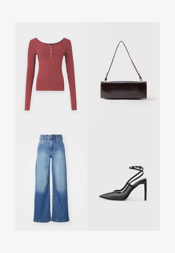 Stofroze geribbelde lange mouwen shirt met ronde hals en vier zilveren drukknoopjes op de voorkant, plat getoond op een witte achtergrond.; Hoge taille wijdbeen blauwe denim jeans met een knoop en rits aan de voorkant en een klassieke vijf-pocket ontwerp.; Zwarte hoge hakken met een spitse neus, combinatie van mesh en lakleer, enkelbandje met gespdetail, elegante silhouet.; Rechthoekige zwarte leren handtas met een enkele lange schouderband en een glanzende afwerking, weergegeven tegen een effen witte achtergrond.