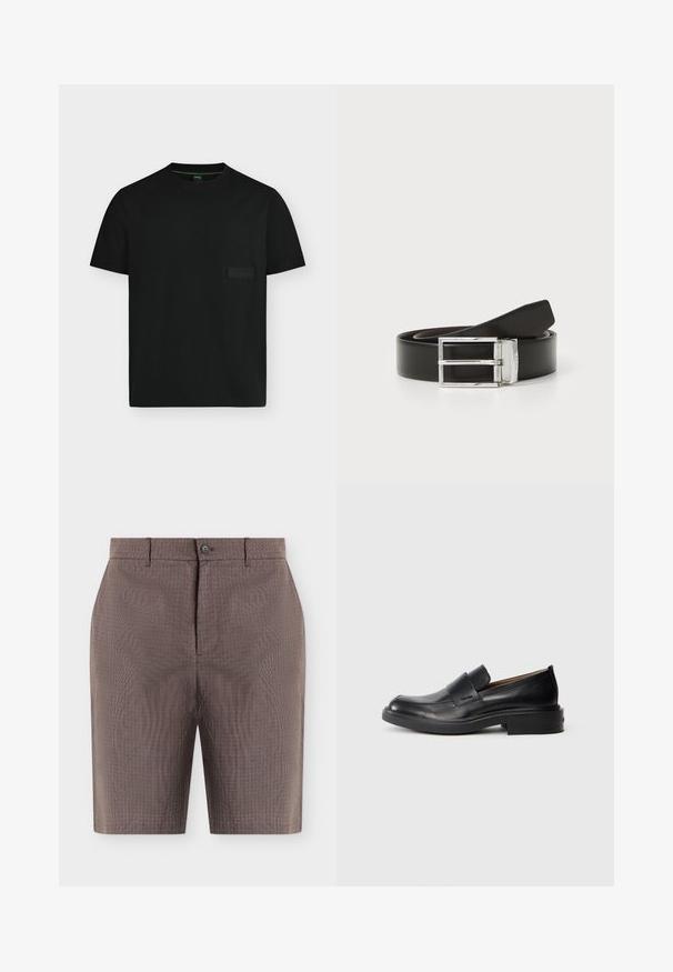 T-shirt noir à manches courtes et col rond avec un petit patch logo rectangulaire sur la poitrine gauche et une bordure intérieure verte au col.; Shorts marron pour homme sur mesure avec bouton à l'avant, fermeture éclair, passants pour ceinture et poches latérales, présentés sur un fond blanc uni.; Chaussure habillée noire en cuir, à enfiler, avec un petit talon et un logo Calvin Klein discret sur le côté, présentée de profil sur un fond blanc.; Ceinture en cuir noir avec une finition lisse, dotée d'une boucle à double ardillon en ton argent et de bords cousus. Design classique sans motifs.
