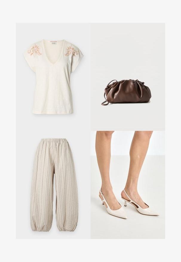 Haut crème à manches courtes et col en V avec broderie florale rose et dorée sur les épaules, confectionné en tissu léger et légèrement texturé.; Pantalon beige ample avec des rayures noires verticales, taille élastique et poignets élastiques froncés aux chevilles.; Escarpins à talon slingback en cuir verni beige avec un bout pointu et un talon de 5 cm, présentant des côtés découpés et une fine bride à la cheville.; Sacoche en cuir marron doux avec un haut froncé et une fine bandoulière, posée sur un fond blanc.