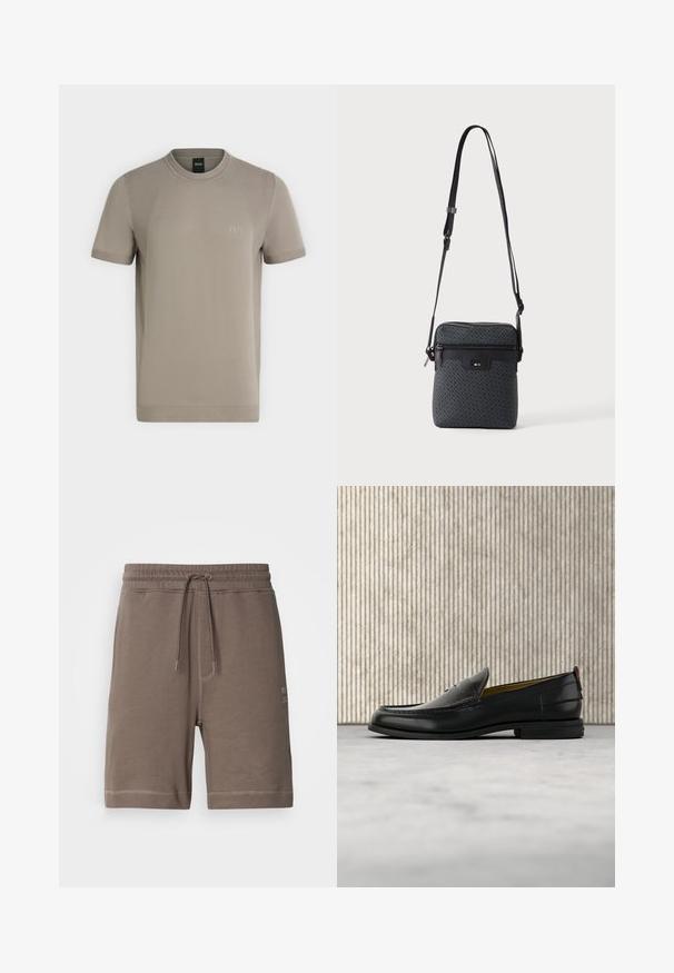 Beige kortærmet, rundhalset strikket T-shirt med subtile teksturerede sidepaneler og lille "BOSS" logo på venstre bryst.; Brune bomuldsblandede shorts med elastisk talje, justerbar snor og sidelommer. Har kontrastsyninger og et logo patch.; Sort læder herreloafer med krokodillepræget forstykke og lav hæl, vist i profil på en neutral baggrund.; Lille grå crossbody-taske med justerbar rem, lynlåslomme foran og præget "BOSS" logo på frontpanelet.