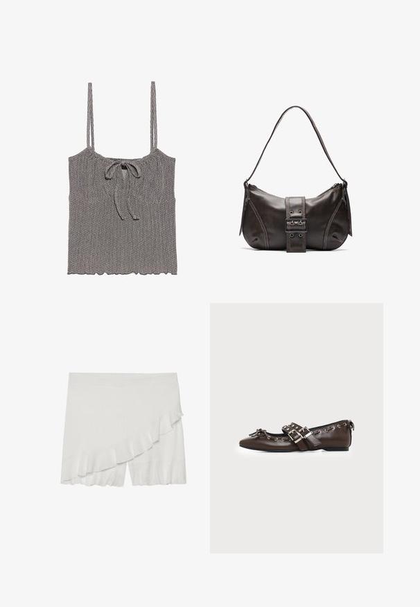 Crop top gris en tricot avec bretelles spaghetti réglables, buste smocké, détail à nouer au centre et ourlet festonné.; Shorts blancs en tissu texturé, avec un volant asymétrique sur un côté et un ourlet légèrement évasé.; Chaussure plate en cuir marron foncé avec bout pointu, doubles brides à boucles argentées, œillets métalliques et nœud décoratif à l'avant.; Sac à épaule en cuir marron avec une forme courbée, présentant un détail de boucle proéminent, des coutures contrastantes et une seule bandoulière.