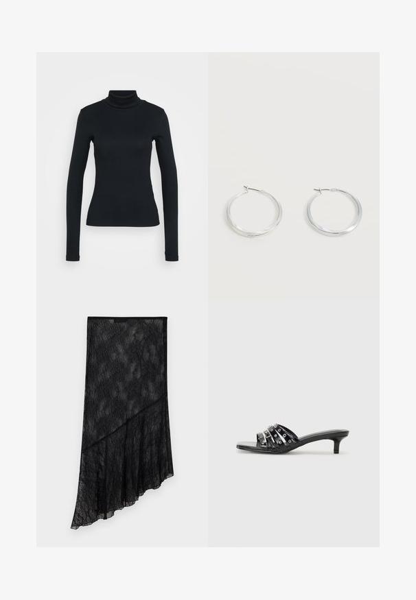 Pull à col roulé noir à manches longues à côtes, avec une silhouette ajustée sur un fond clair.; Jupe asymétrique en dentelle noire transparente avec motif floral et ourlet diagonal superposé, présentée sur un fond clair uni.; Sandales à talons noires avec plusieurs brides brillantes et des accents métalliques, présentant un bout pointu et des talons kitten discrets. Texture lisse.; Boucles d’oreilles créoles en métal argenté avec une surface lisse légèrement incurvée et des fermoirs à clapet sur un fond blanc uni.