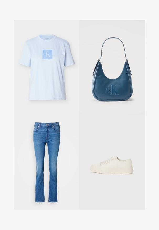 Lyseblå bomuld T-shirt med et firkantet grafisk logo i en mørkere blå farve. Kortærmet og rund halsudskæring med en afslappet pasform.; Blå denim flared jeans med en mellemhøj talje, der har et klassisk fem-lomme design og en subtil affadet tekstur ved knæene.; Sneakers lavet af off-white canvas, med et low-top design, rund tå og flad gummisål med diskrete syninger.; Blå læder skuldertaske med præget CK-logo centreret foran og sølvfarvet lynlåsdetaile på begge sider.