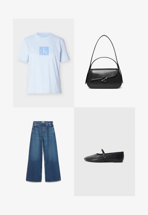 Lichtblauw katoenen T-shirt met een vierkant grafisch logo in donkerblauw. Korte mouwen en een ronde halslijn met een ontspannen pasvorm.; Brede blauwe denim broek met een hoge taille, trekkoordsluiting en subtiele vervaging. Gemaakt van stevig denim met een klassiek vijf-pocket ontwerp.; Zwarte leren balletschoenen met een spitse neus, platte zool en een kleine strap met een zilveren gespsluiting.; Zwarte leren schoudertas met een gebogen klep die is bevestigd met een ronde metalen sluiting en een smalle, verstelbare band.