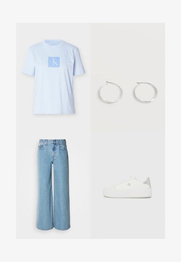 Lyseblå bomuld T-shirt med et firkantet grafisk logo i en mørkere blå farve. Kortærmet og rund halsudskæring med en afslappet pasform.; Lyseblå brede jeans lavet af denim, med høj talje, fem-lomme design og subtil falming langs stoffet.; Hvide lærredssneakers med en tyk hvid sål, prydet med en metallic sølvaccent på hælen og en diskret logo-detalje på siden.; Sølvfarvede metaloorringe med glat, let buet overflade og låsemekanisme på en ensfarvet hvid baggrund.