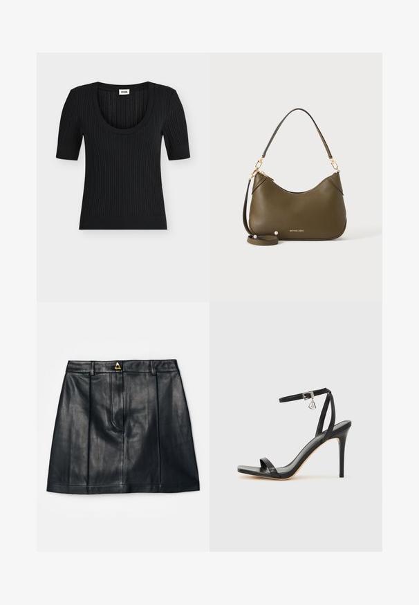 Top en maille noire côtelée à manches courtes, col rond et silhouette ajustée, avec une étiquette DRYKORN au niveau de l'encolure.; AERON RUDENS SKIRT - Jupe trapèze - black; Sandale à talon haut noire avec une bride étroite à la cheville, bout carré, cuir lisse et accent de boucle métallique.; Sac à main en cuir vert olive avec bandoulières courtes et longues, éléments dorés et logo Michael Kors en doré près de la base sur un fond uni.